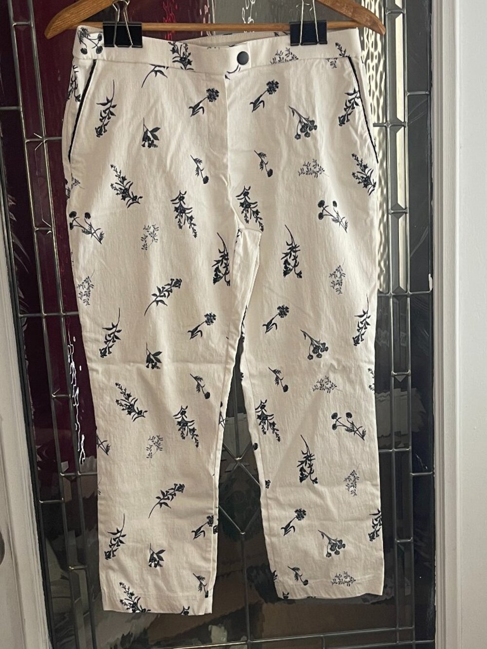 Jules & Leopold Floral Crop Pants Sz M Black White Botanical Stretch Trousers